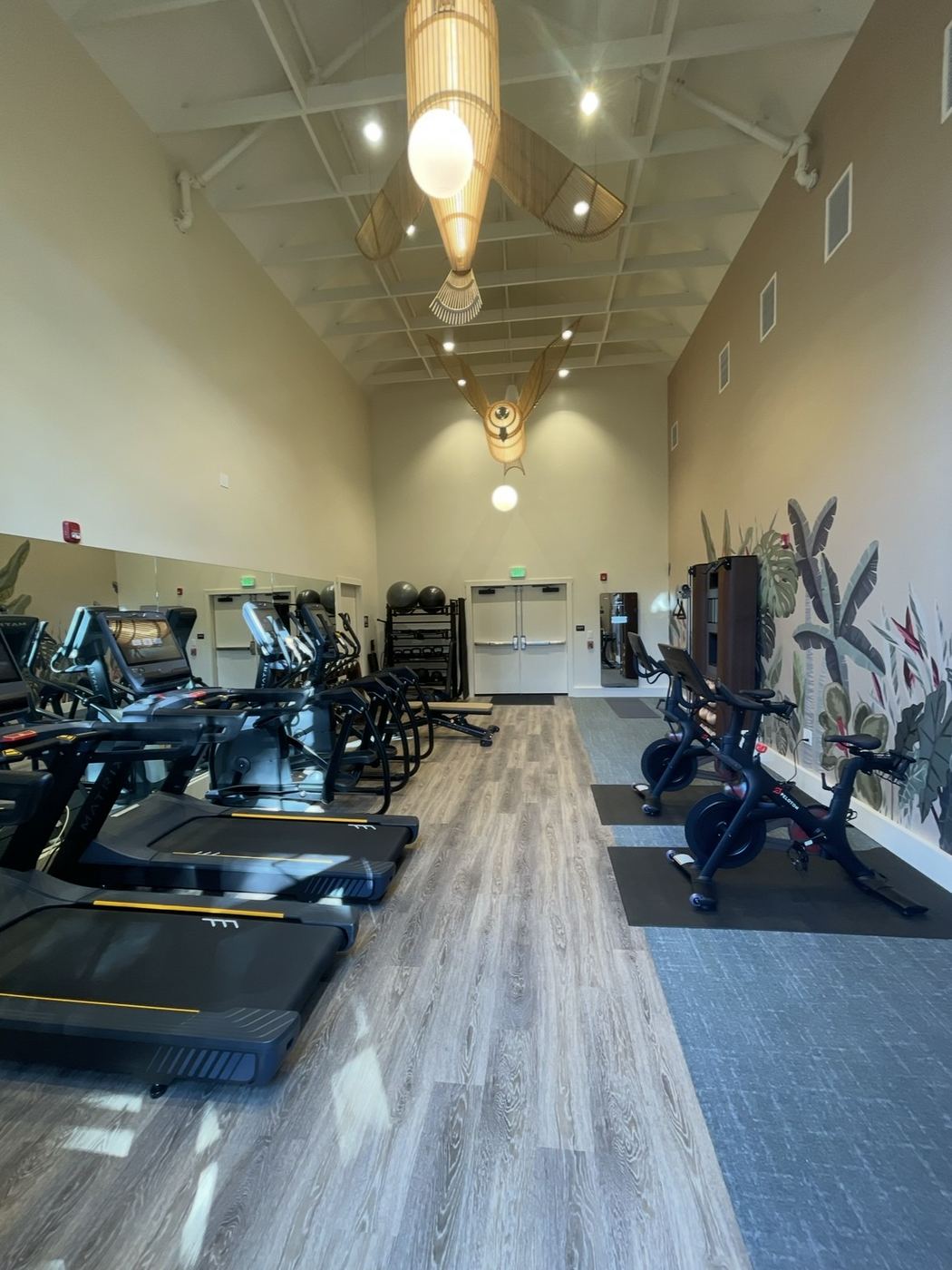 Gym TI cardio room - treadmills, spin bikes, high open ceiling