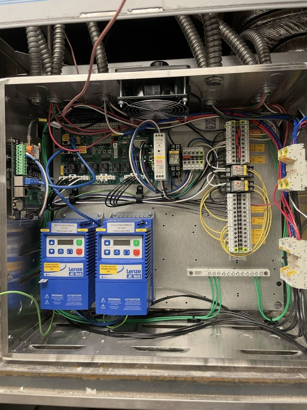 Industrial control panel - Lenze VFDs, terminal blocks, dressed wiring